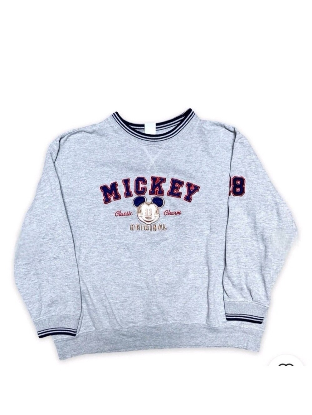 Vintage Disney Mickey 28 Varsity Sweatshirt Oversized Gray Black Embroidered L
